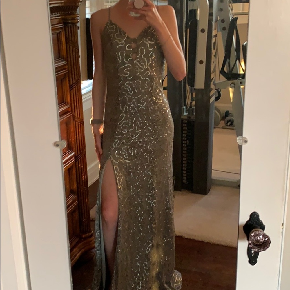 Grey sparkly long prom dress